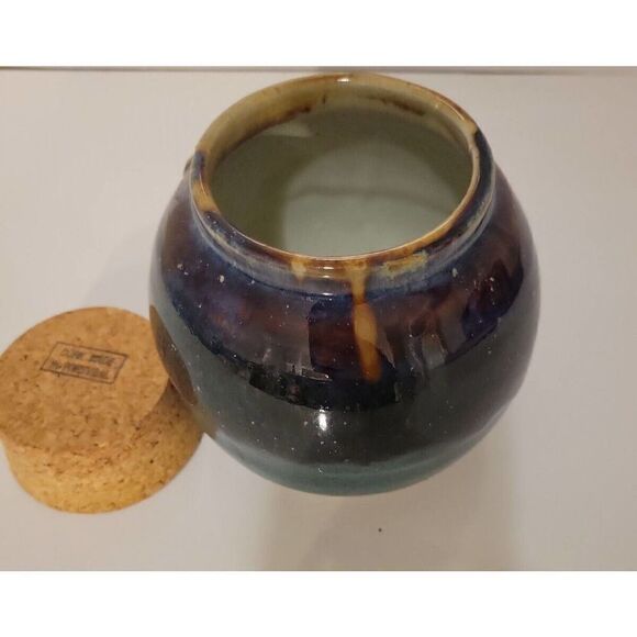 Tumbleweed Pottery NC Dow Jones Genius Cork Coin Blue Drip Pottery Bank Jar - Picture 5 of 6